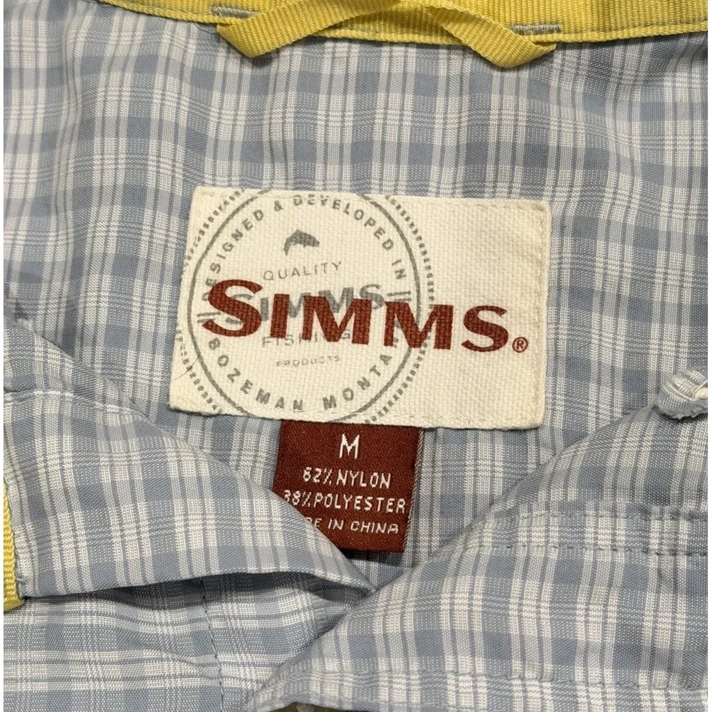 Simms Performance Fishing Button‎ Up Short Sleeve Blue Plaid Men's M Outdoor